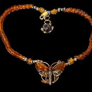 Vintage Art Nouveau/Deco Butterfly Brooch/Pendant w/Beaded Vintage Amber Straps